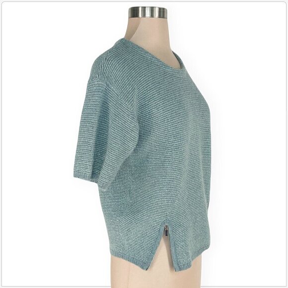 Orfeo Paris Aqua Silver Metallic Knit Cropped Zipper Trim Angora Bl Sweater S/M - Picture 2 of 5